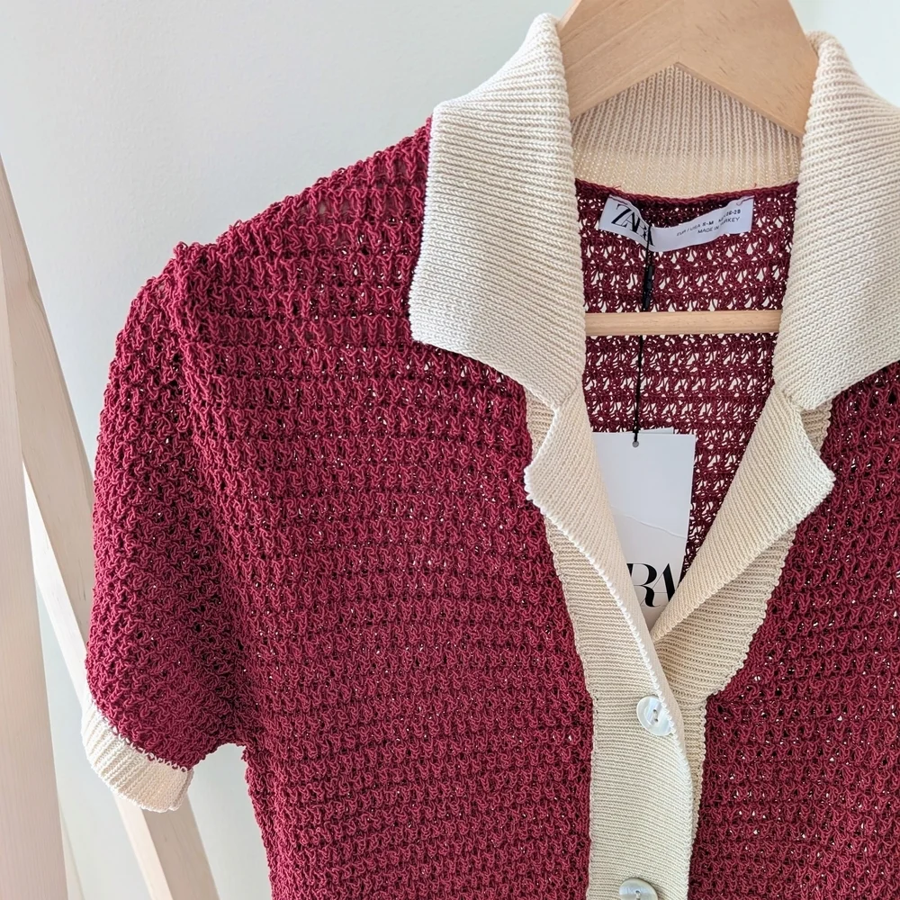 NWT Zara Open Knit Button Front Collared Polo Cardigan In Burgundy/Cream - S/M